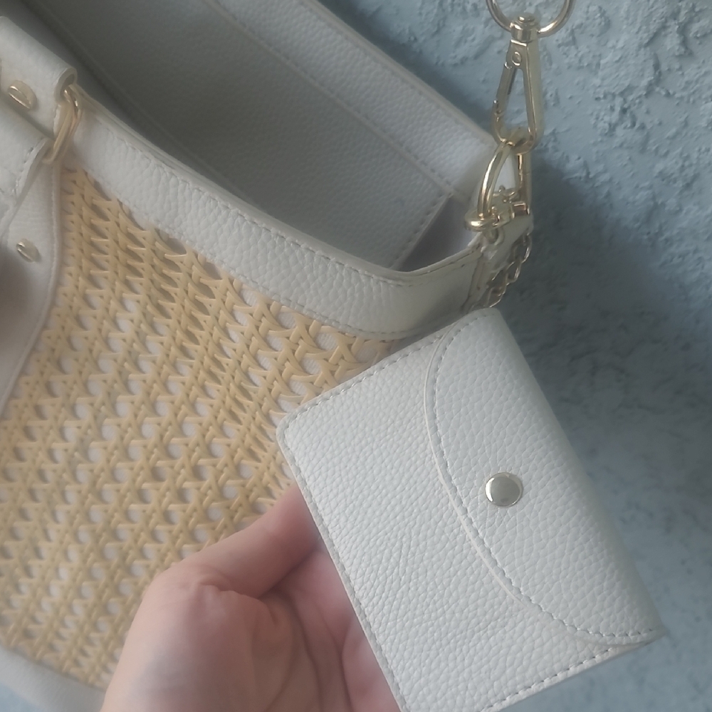 Rachel Zoe Woven Straw Tote White Tan Beach Bag w/ Wallet Large - Picture 6 of 16